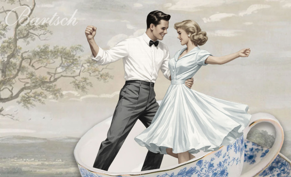 Paar tanzt ausgelassen, Mann im Smoking, Frau im weißen Kleid.