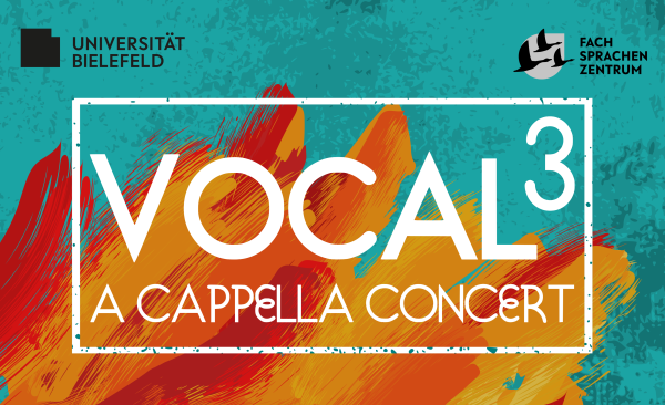 Vocal³ als Text auf zweifarbigem Hintergrund