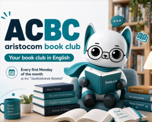 Eine Cartoonfigur mit einem Buch wirbt für einen englischsprachigen Buchclub