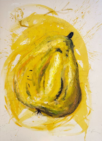 gelbe Birne auf weißem Untergrund gemalt