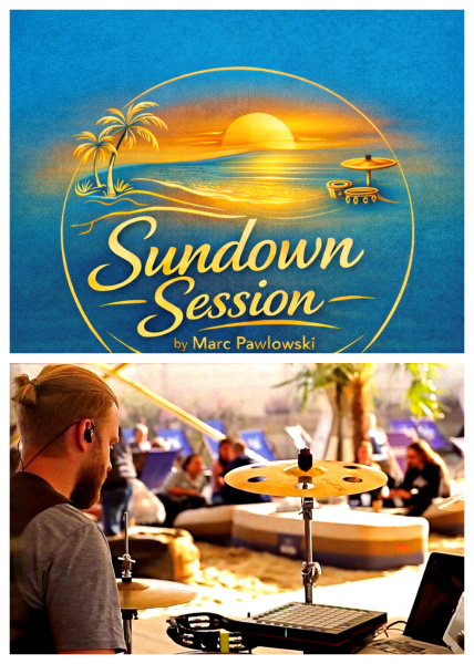 Sundown Session Logo mit Sonnenuntergang über Wasser und Veranstaltungsszene darunter