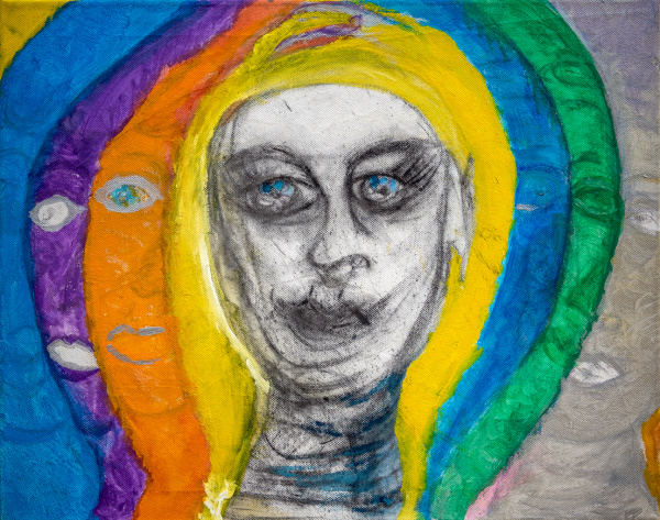 Schwarz-weißes Gesichtsporträt mit blauen Augen, umgeben von bunten farbigen Konturen.