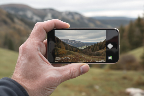Hand hält Smartphone und fotografiert Berglandschaft im Herbst