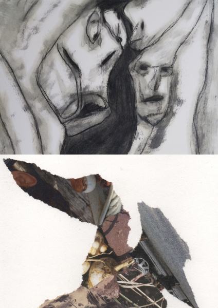 schwarz-weiß Zeichnung mit Gesichtern und Collage aus bedrucktem Papier