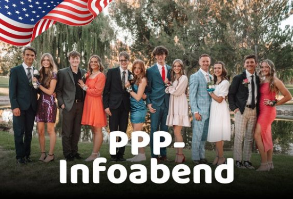 Schrift: "PPP-Infoabend" vor einer Gruppe Jugendlicher in Prom-Outfits