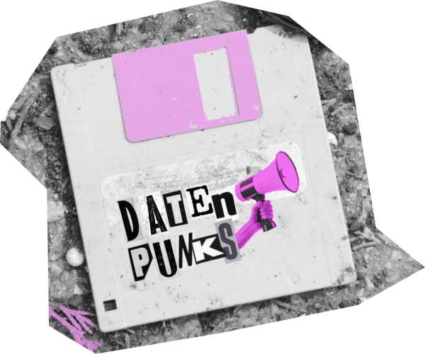Eine Diskette mit der Aufschrift Datenpunks und einem rosa Megaphon