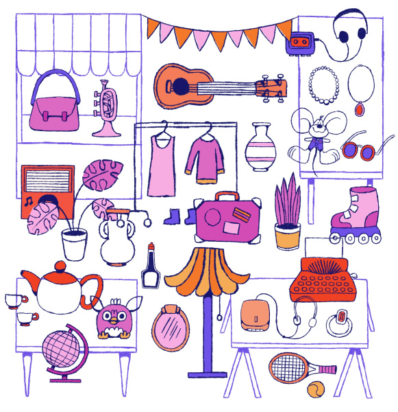 Eine Illustration von Gegenständen, die man auf Flohmärkten kaufen kann. Lampen, Taschen, Kleidung..