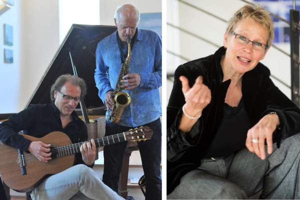 Saxophonist und Gitarrist vor Flügel, Pianistin im Gespräch 
