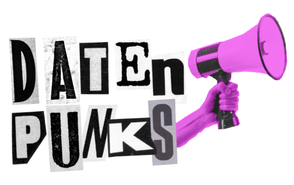 Logo: Schriftzug "Datenpunks" mit rosa Megaphon