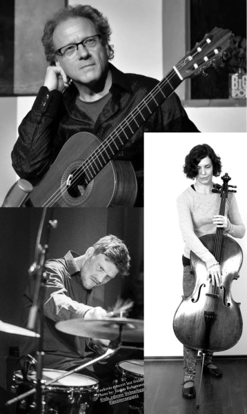 Fotocollage mit Reinhold Westerheide, Gitarre (Foto von Jürgen Volkmann), Monica von Bülow, Violonce