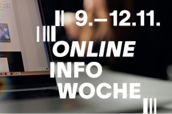 Foto: aufgeklappter Laptop steht auf einem Tisch, darüber liegt Text "9.-12.11. Online Infowoche"