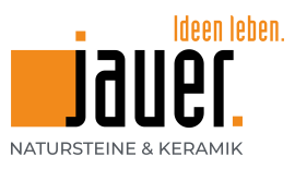 Jauer Natursteine & Keramik Logo mit orangem Quadrat und schwarzer Schrift.