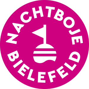 Nachtboje Bielefeld Logo, magenta Kreis mit weißer Boje in Wellen und Schrift.