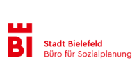 Stadt Bielefeld Logo mit rotem BIEsymbol und Schriftzug.